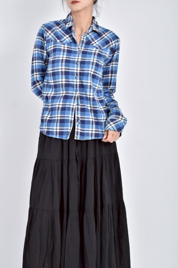 (S) 格紋藍色襯衫上衣