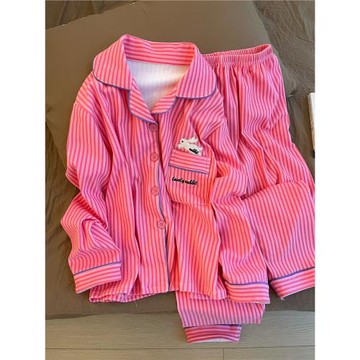 韓系粉色加厚德絨睡衣女秋冬新款磨毛保暖條紋長袖長褲家居服套裝