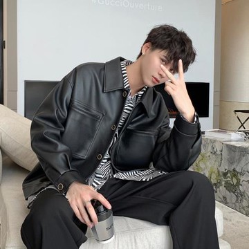 秋季韓版寬松休閑男皮衣外套學生帥氣高級感復古黑色翻領PU皮夾克