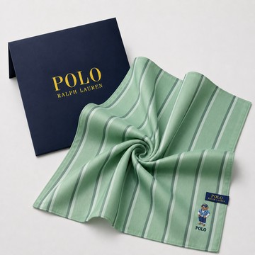 【RALPH LAUREN】POLO BEAR 小熊刺繡經典直條紋純棉手帕領巾(鼠尾草綠色 48×48cm 日本製 附品牌紙袋)