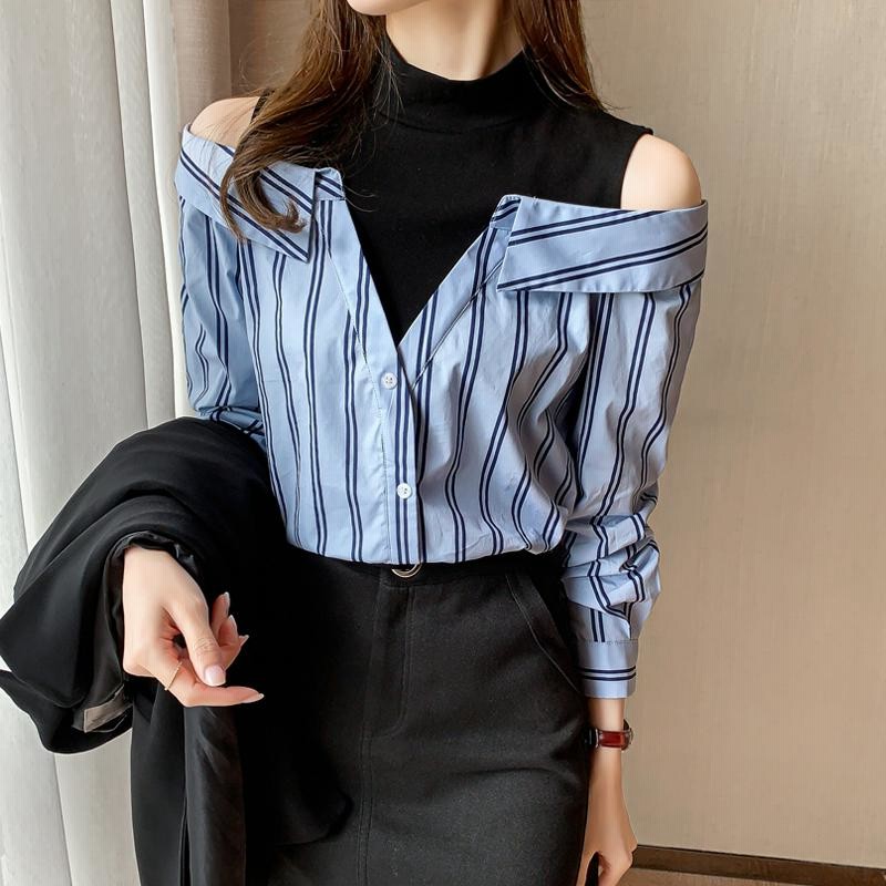 シャツ オフショルダー カットソー ストライプ 重ね着風 レディース  