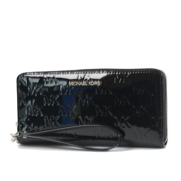 MICHAEL KORS 漆皮壓印LOGO多卡層手掛式拉鍊長夾-黑色