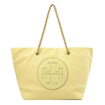 TORY BURCH 152313 Ella 經典LOGO尼龍皮革穿鏈托特包.淺黃