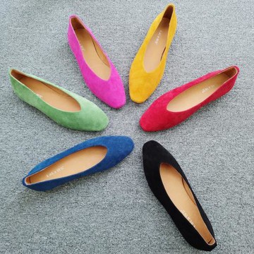 新款磨砂皮真皮方頭淺口單鞋女軟底百搭V口平底芭蕾鞋復古奶奶鞋