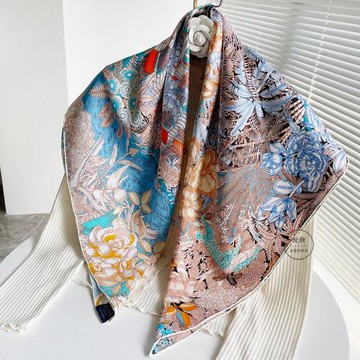 藍橙色雨林真絲絲巾女斜紋綢桑蠶絲90大方巾春秋百搭披肩手工卷邊