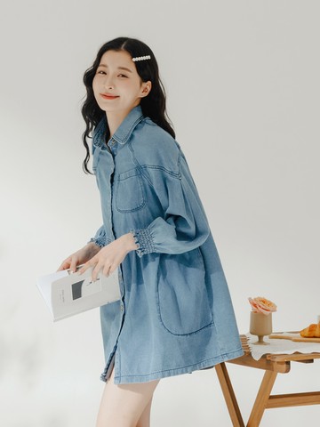 丹寧拼接收腰拋袖長版襯衫短洋裝