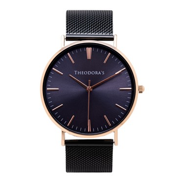 Hera 簡約中性款金屬腕錶 深藍面-米蘭黑