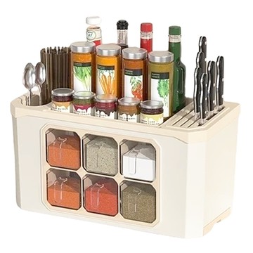 調味料餐具收納架 多功能收納 獨立可拆卸 抽屜式瀝水盤 多規格刀架 手機支架設計  大號(42 x 22.5 x 19.5cm)  奶茶杏  1個