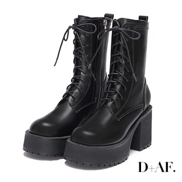 D+AF 酷辣型女．厚底高跟長腿綁帶短靴＊黑