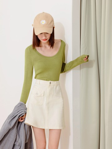 彈力細膩坑條針織長袖上衣