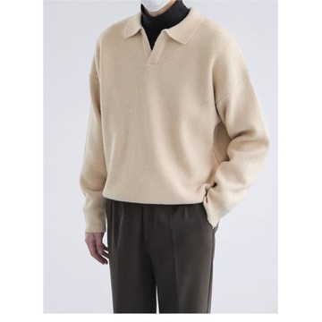 高級感翻領純色毛衣男秋冬季韓版潮流寬松休閑打底套頭V領針織衫