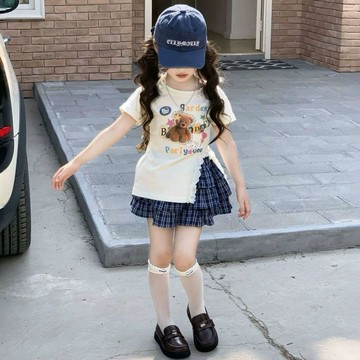 🍀AY🍀 兒童套裝 女童套裝 兒童短袖短裙兩件套 女童夏裝 短袖套裝 夏季格子兩件套 兒童洋氣蛋糕套裝