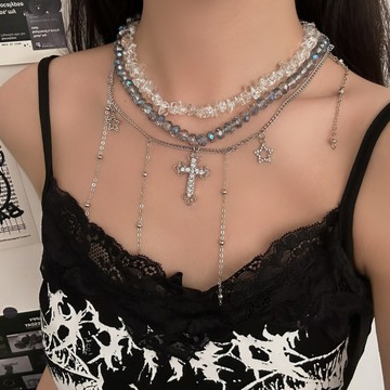 【台灣公司 可打統編】免運 甜酷風超閃重工氣質閃鉆流蘇十字架項鏈女高級感輕奢多層疊戴配飾 可開發票 全館五折 工廠現貨直銷 新品特價 z9211