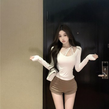 實拍實價茶藝少女性感純欲風蕾絲假兩件長袖上衣打底T恤顯胸