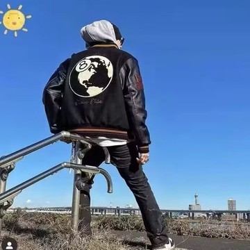 美式時尚立領地球刺繡外套男休閒寬鬆高街痞帥上衣男