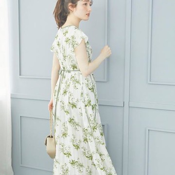 日單 貴牌 高腰修身 系帶包邊 優雅 印花連衣裙7P