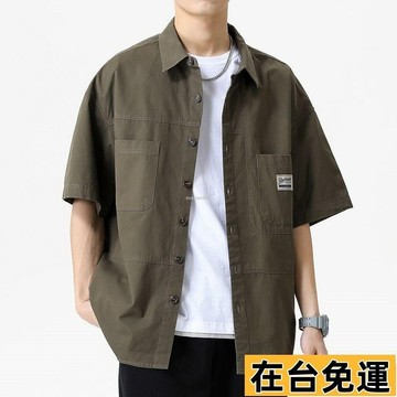🔥台灣發出🔥 工裝休閒短袖襯衫男士夏季2025新款日系上衣寬鬆外套潮牌休閒襯衣