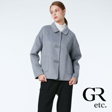 【GLORY21】網路獨賣款-etc.優雅雙口袋皮革裝飾雙面毛呢手工短大衣-灰色