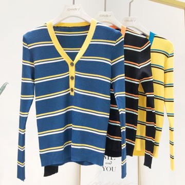 2025春季新款女裝冰絲V領條紋針織衫修身顯瘦短款撞色打底衫上衣