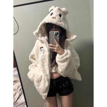 可愛凱蒂貓耳朵羊羔毛外套女秋冬季2023新款寬松加絨加厚連帽棉服