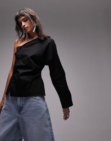 Topshop poplin one shoulder shirt in black