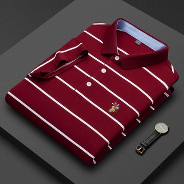 條紋POLO衫男品牌短袖t恤爸爸婚宴帶領保羅衫薄體恤父親半袖酒紅