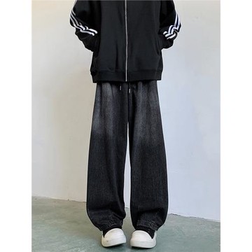 復古水洗漸變哈倫抽繩牛仔褲男女顯瘦寬松直筒闊腿高級感微喇褲子