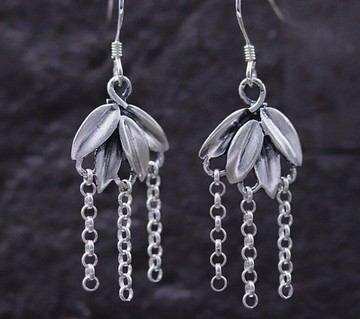 真正的 S925 純銀女式手工雕刻竹葉耳環民族