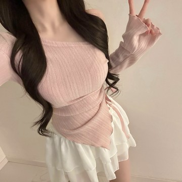 🇰🇷Korea韓國連線·正韓 露單肩綁帶抽繩上衣 長袖上衣 長袖T 斜肩上衣 木耳邊上衣 露肩上衣 芭蕾風 韓國