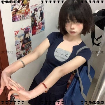 超實惠 十 辣妹上衣 短袖 T恤 古著vintage二次元顏文字拼接插色短袖t恤女夏季修身百搭休閒上衣