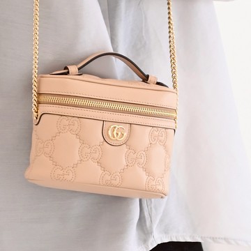 GUCCI 723770 GG Matelasse 金屬LOGO絎縫迷你兩用鍊包.裸粉