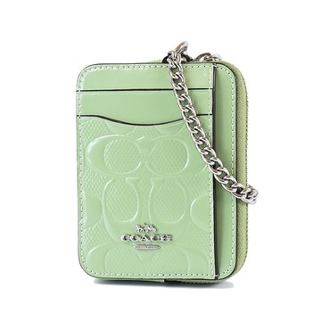 COACH 漆皮浮雕LOGO鍊帶證件零錢包-綠色