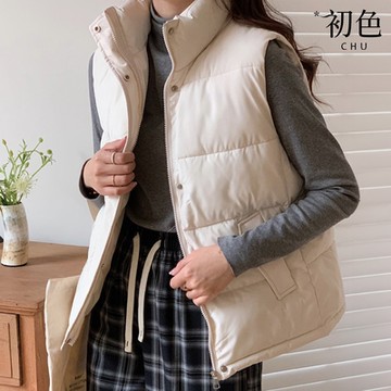初色 韓系純色立領無袖科技羽絨棉背心外套女背心-共3色-39170(M-3XL可選)