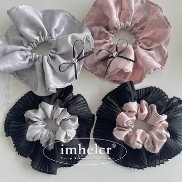 🔥2件9折🍊臺北出貨🍊可開發票芭比公主甜美粉鑽蝴蝶結細閃大腸髮圈時尚ins風黑色花邊發繩新款