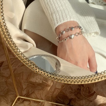 s925純銀復古愛心手鏈女年新潮做舊嘻哈冷淡風幾何個性手飾品