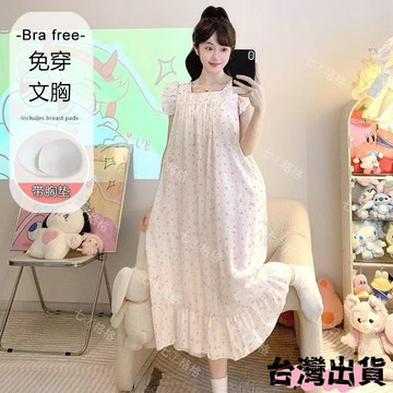 大尺碼睡裙女 125KG可穿 甜美卡通可愛睡裙 新款連衣裙 帶胸墊 可外穿家居服 寬鬆舒適 休閒睡衣 中長款 雲朵棉睡裙