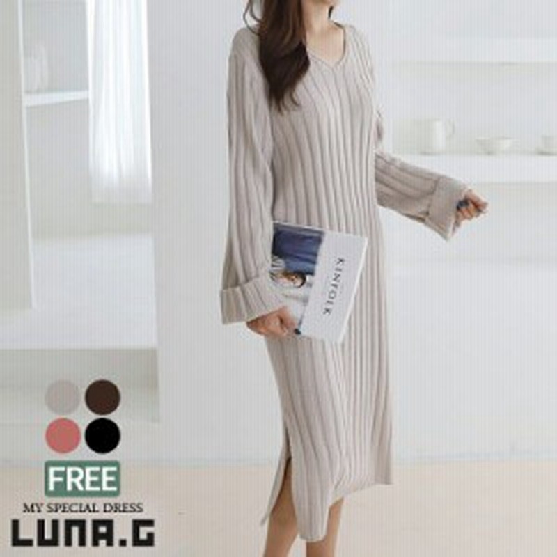 Vネック サイドスリット ゆったり リブニット ワンピースきれいめ 秋 レディース 韓国 ファッション 通販 Lineポイント最大1 0 Get Lineショッピング