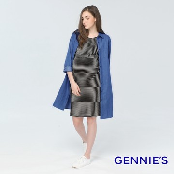 Gennies奇妮 經典牛仔款長版襯衫洋裝/外套(深藍T1F09)