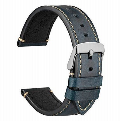 [WOCCI]時計ベルト22mm ヴィンテージレザー替えベルト レトロ本革腕時計バンド シルバーバックル（濃紺)