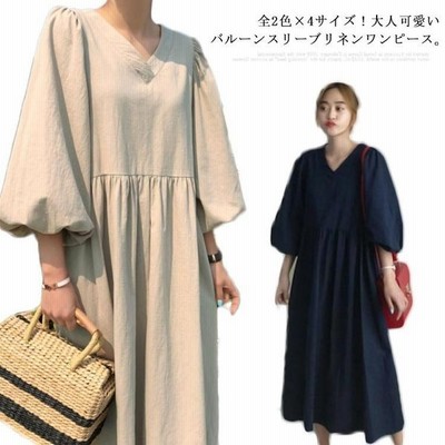 全2色 4サイズ バルーンスリーブワンピース リネンワンピース 綿麻 ワンピース パフスリーブ 七分袖 麻ワンピ ゆったり 体型カバー Vネ 通販 Lineポイント最大get Lineショッピング
