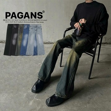 【PAGANS STORE】韓國 水洗 仿舊 淤泥 復古 刷舊 微喇叭 牛仔褲 寬褲 牛仔 長褲 (5 color)