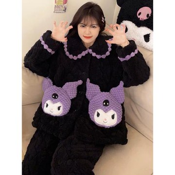 三層夾棉庫洛米睡衣女黑色2023新款冬季加絨加厚珊瑚絨可愛家居服