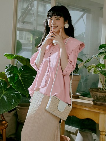 純棉大翻領蕾絲滾邊鬆緊袖寬鬆罩衫