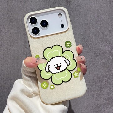花朵小白狗 iPhone17ProMax皮紋軟殼 蘋果16手機殼 大孔鏤空鏡頭 15plus 14 13 防摔保護殼