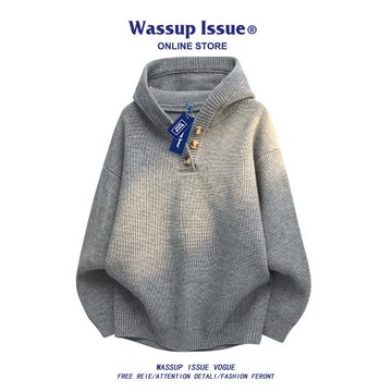 WASSUP ISSUE美式亨利領連帽毛衣男款春秋寬松高級感針織衫外套男
