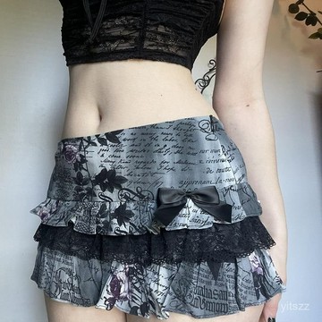 【臺灣有貨】IAMHOTTY藝術感字母印花蝴蝶結拚接蛋糕裙闇黑y2k辣妹低腰迷你裙