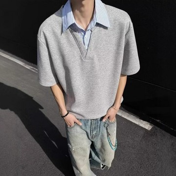 假兩件短袖t恤男夏季寬松設計感v領半袖上衣美式潮流拼接休閑體恤鑫弘-衣錦男裝