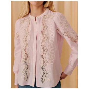 法式鏤空刺繡蕾絲鉤花圓領100%純棉長袖襯衫襯衣上衣2024春裝新款