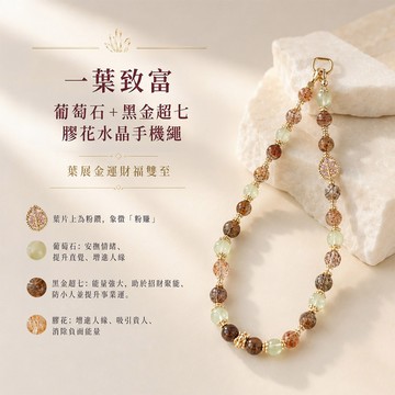 天藍小舖-一葉致富+葡萄石+黑金超七+膠花水晶手機繩-共1款-$890【A31310278】