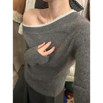 韓系內搭灰色蕾絲拼接針織打底衫女秋冬季羊毛上衣修身一字肩毛衣